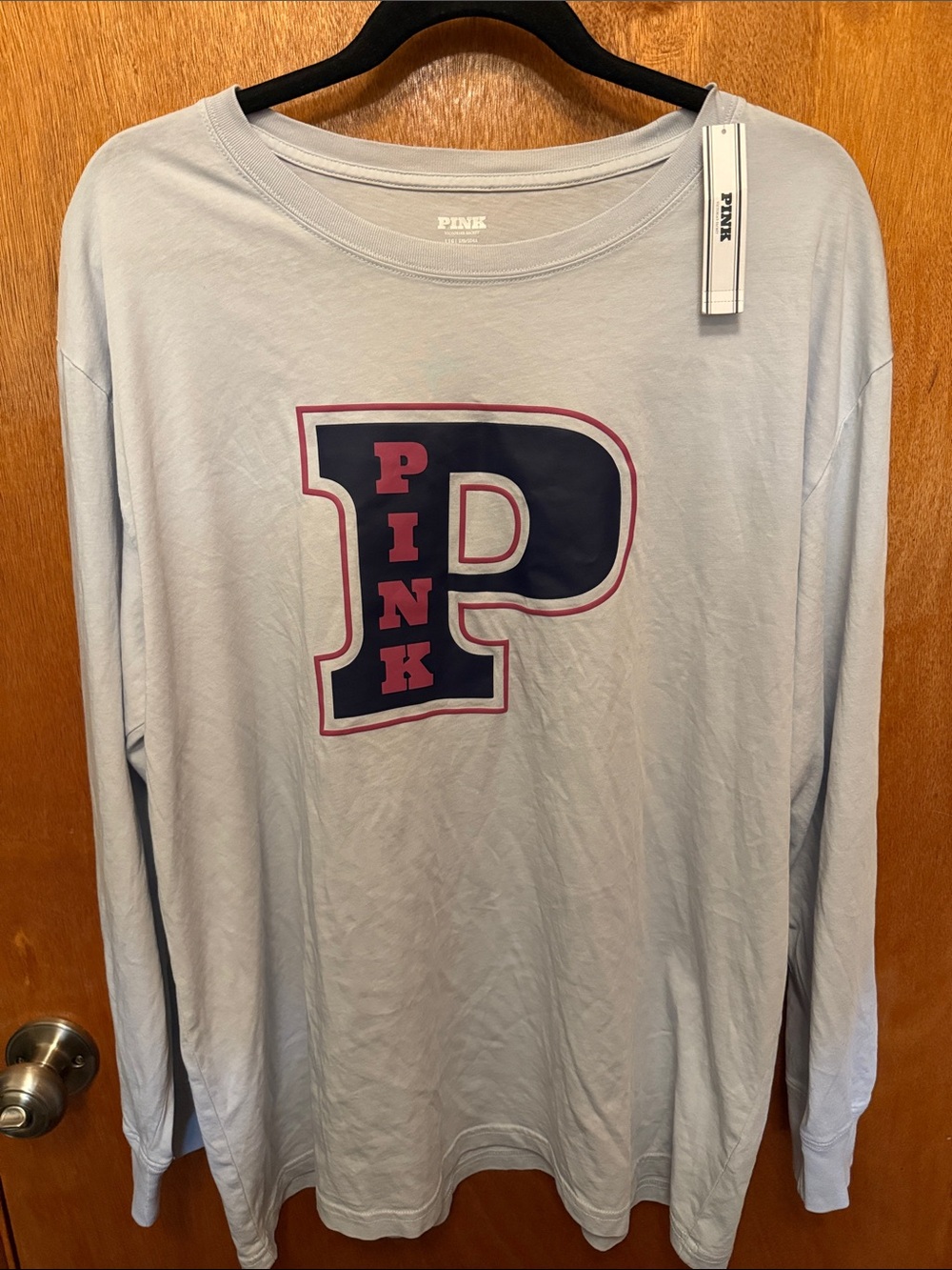 PINK Big 'P' Logo Long Sleeve Tee - Light Blue with Navy & Pink NWT